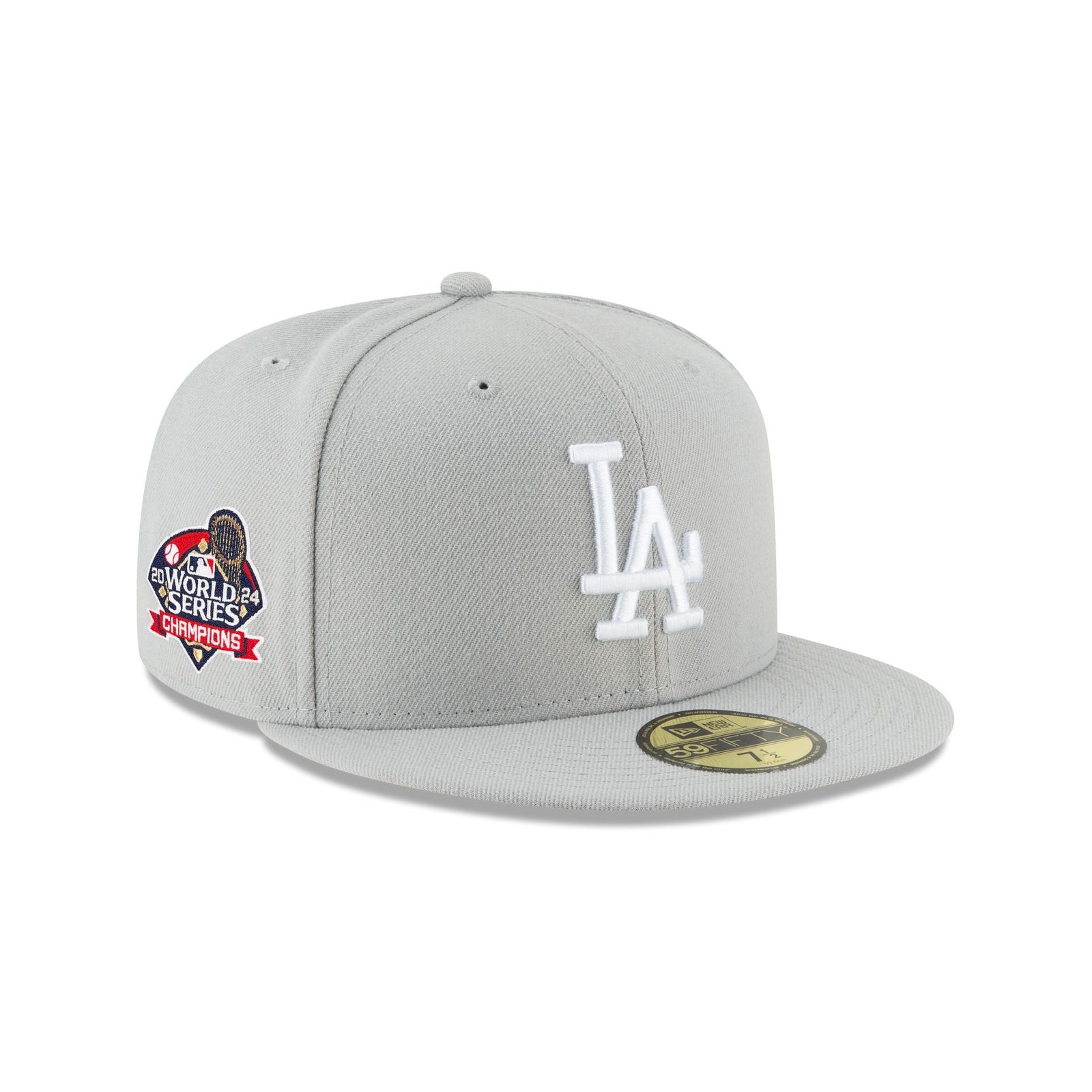 14674400_59FIFTY_MLB24WSCHAMPS_LOSDOD_GRYWHI_3QR.jpg Los Angeles Dodgers 2024 World Series Champions Gray 59FIFTY Fitted Hat - Image 1