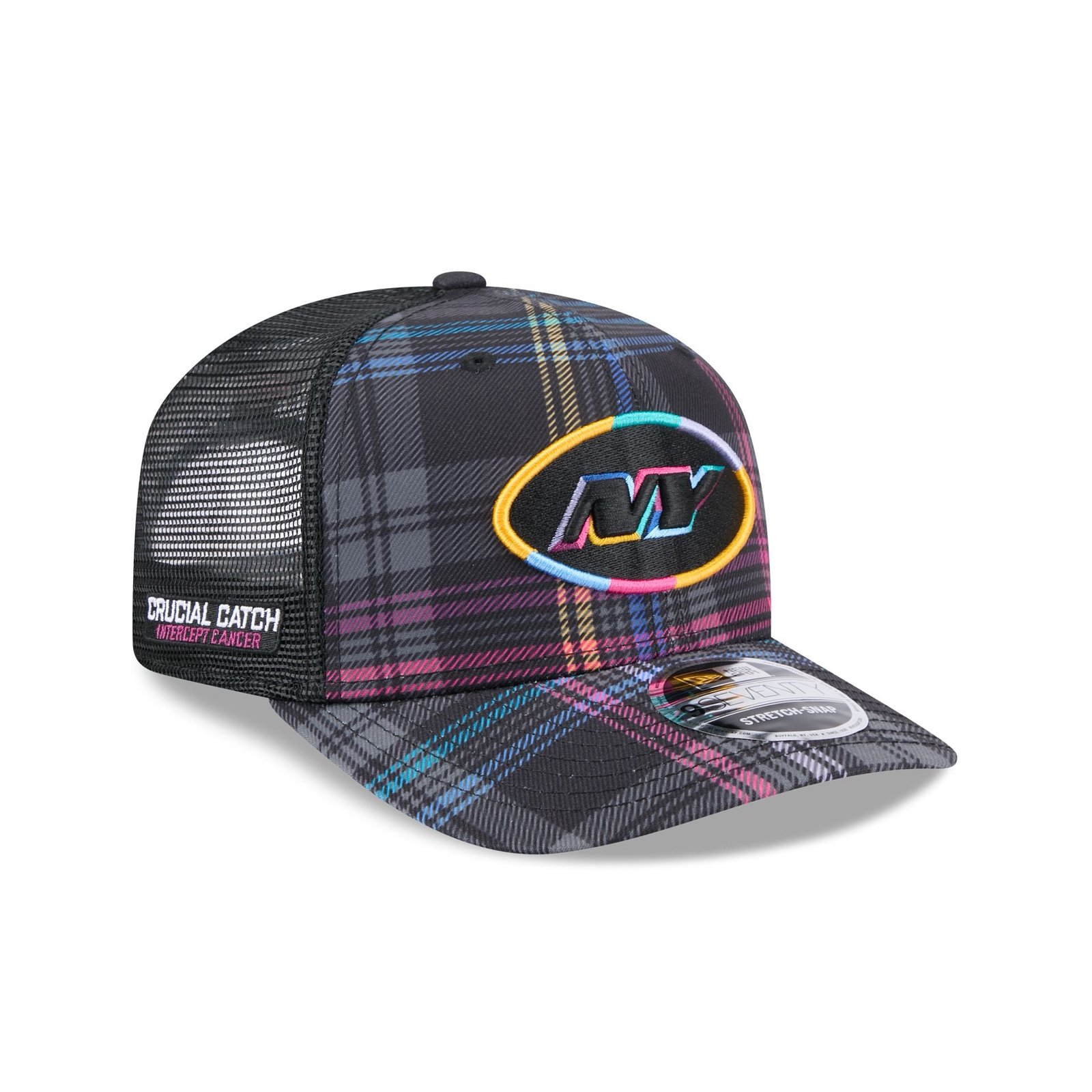60583672_9SEVENTY_NFL24CC970_NEYJET_XMT_3QR.jpg New York Jets 2024 Crucial Catch 9SEVENTY Trucker Hat - Image 1